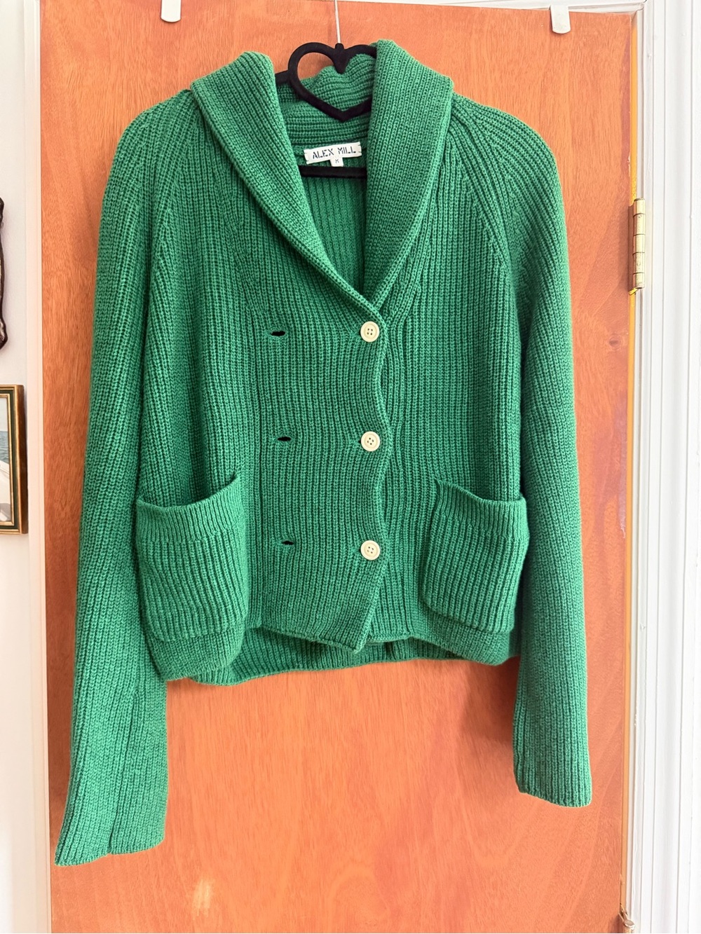 Alex Mill Kelly Green Ribbed Shawl-Collar Cardigan with Patch Pockets